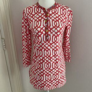 J McLaughlin Catalina cloth stretch knit long tunic top blouse 3/4 sleeves XS